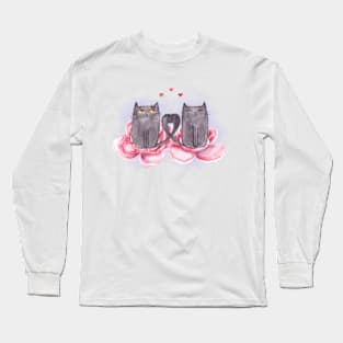 Watercolor cute couple cats and beautiful peonies. Long Sleeve T-Shirt